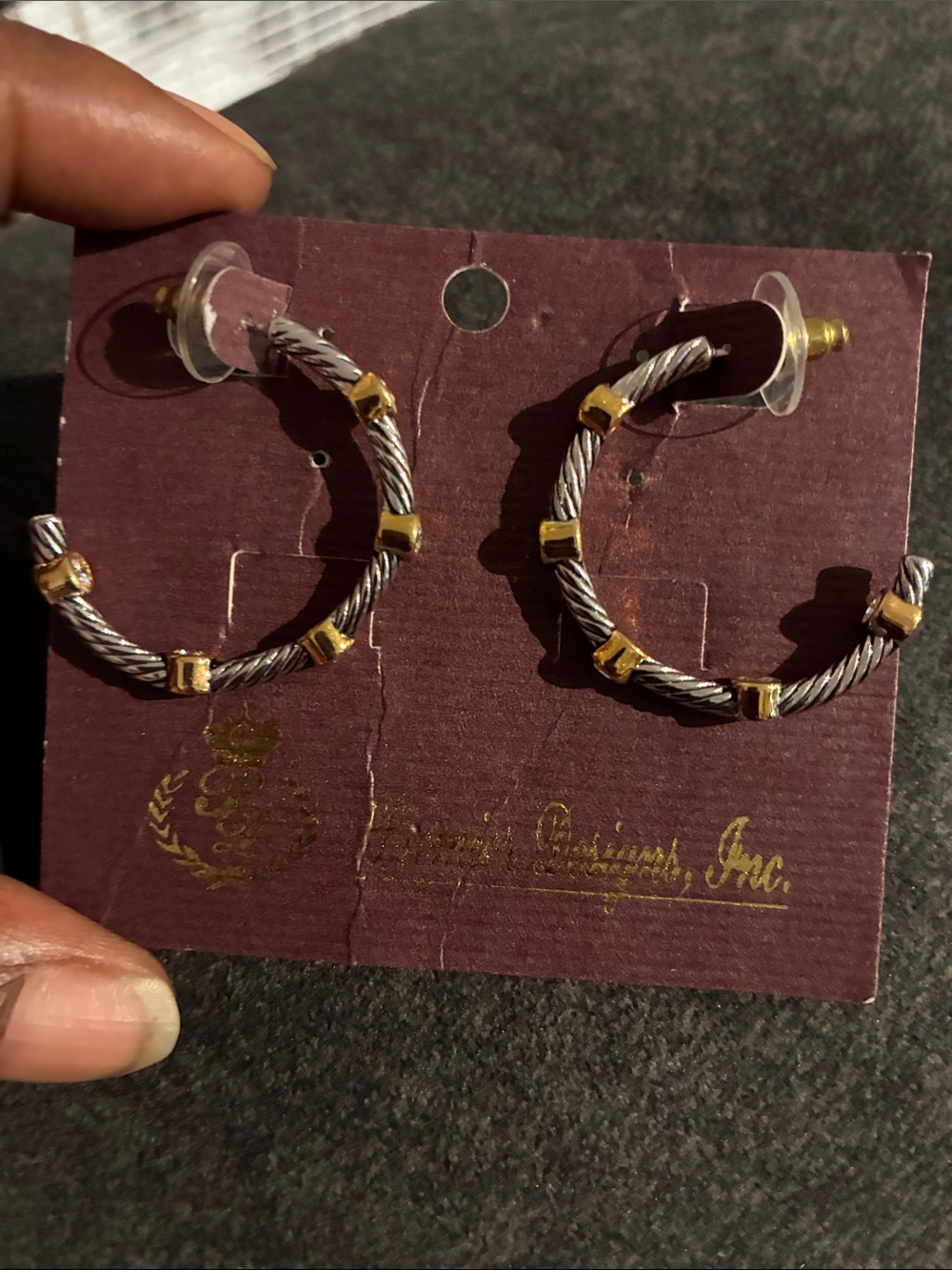 Premier Designs Silver and Gold Twisted Hoop Earrings with rhinestones